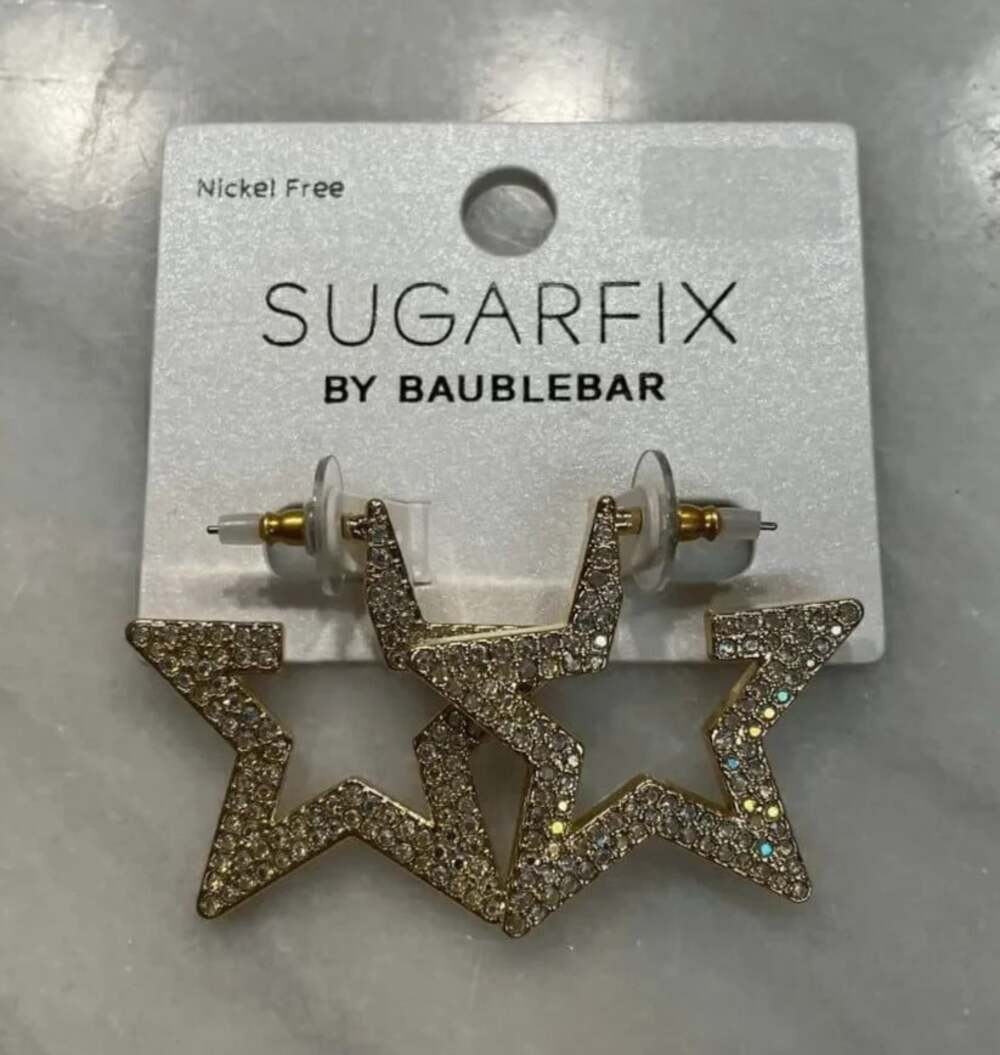 Sugarfix BaubleBar Wish Upon a Star Earrings Huggie Star Hoop Jeweled Gold Tone